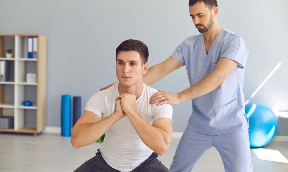 Athlete performing rehabilitation exercises after sports injury