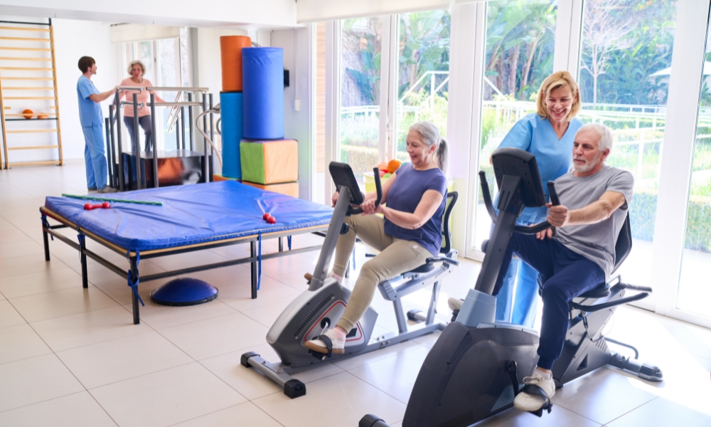 Stroke survivor performing neurological rehabilitation exercises during physical therapy